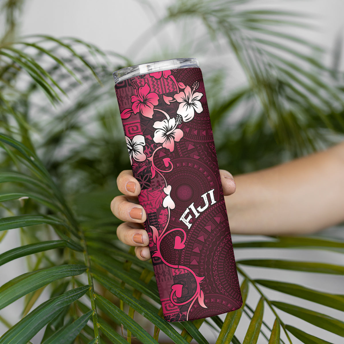 Fiji Masi Skinny Tumbler Fijian Hibiscus Tapa Pink Version