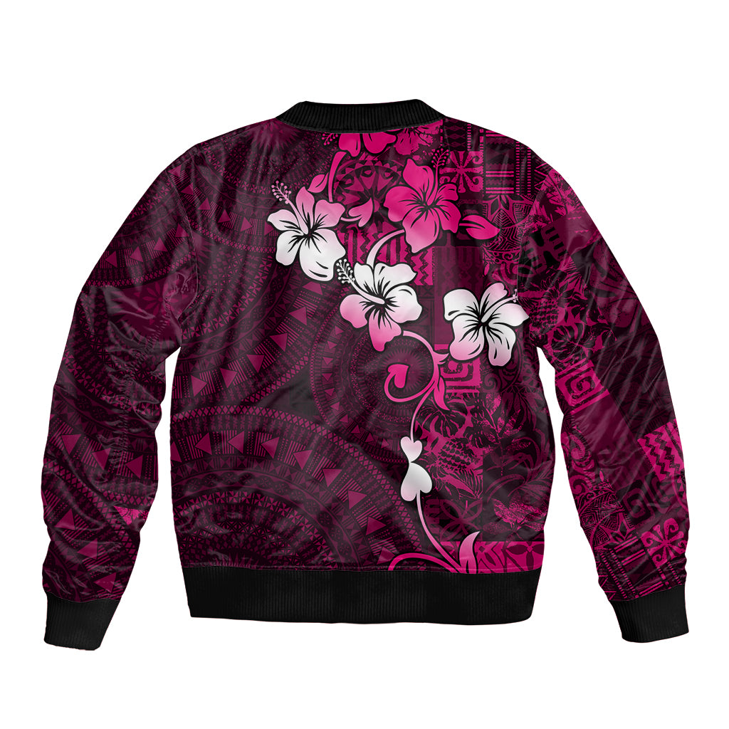 Fiji Masi Sleeve Zip Bomber Jacket Fijian Hibiscus Tapa Pink Version LT01 - Polynesian Pride