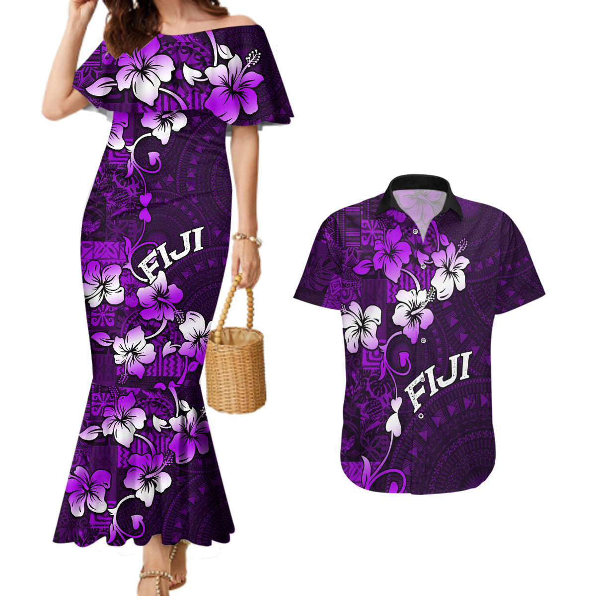Fiji Masi Couples Matching Mermaid Dress and Hawaiian Shirt Fijian Hibiscus Tapa Purple Version LT01 Purple - Polynesian Pride
