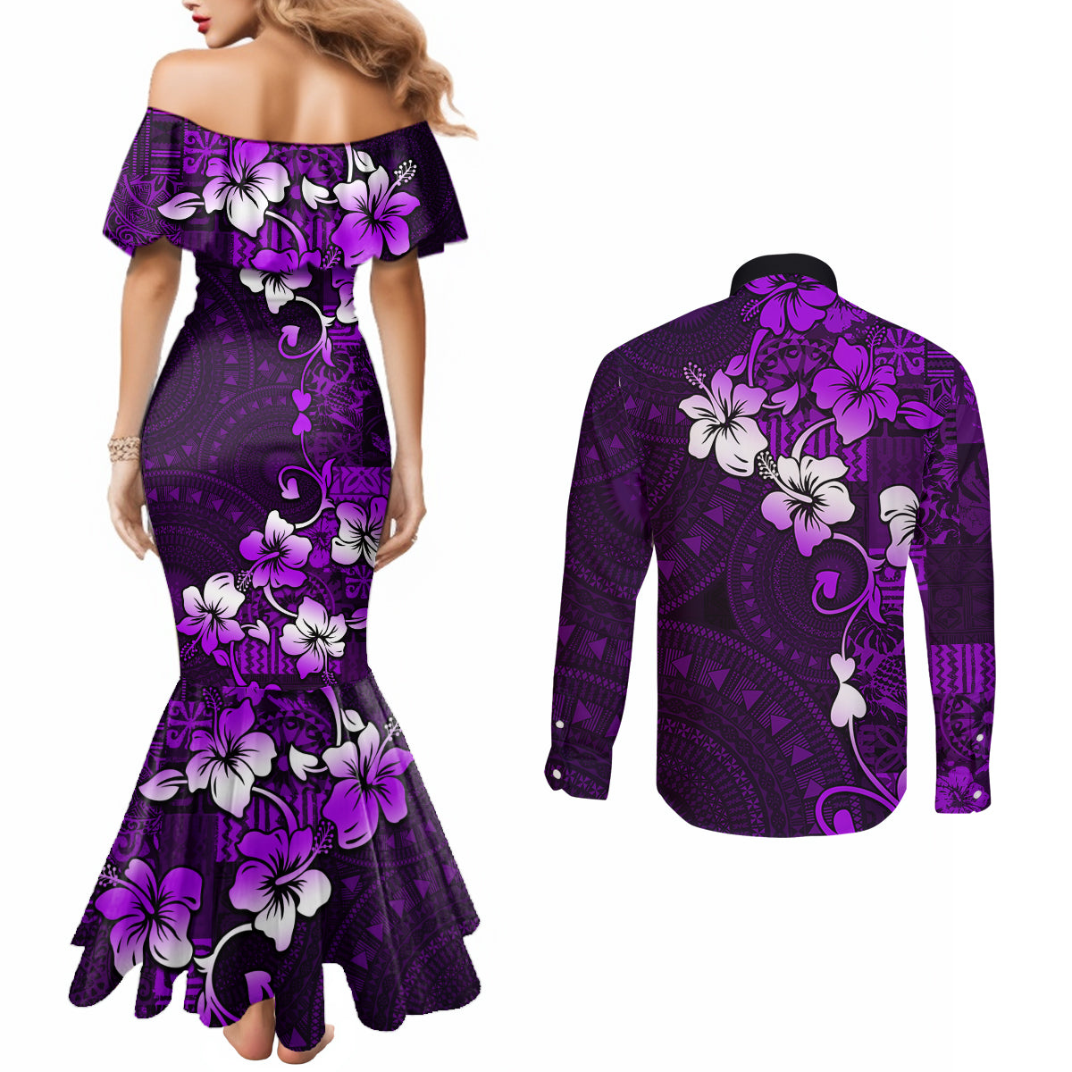 Fiji Masi Couples Matching Mermaid Dress and Long Sleeve Button Shirt Fijian Hibiscus Tapa Purple Version LT01 - Polynesian Pride