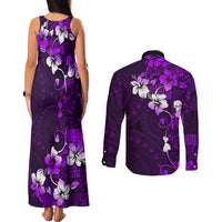 Fiji Masi Couples Matching Tank Maxi Dress and Long Sleeve Button Shirt Fijian Hibiscus Tapa Purple Version LT01 - Polynesian Pride