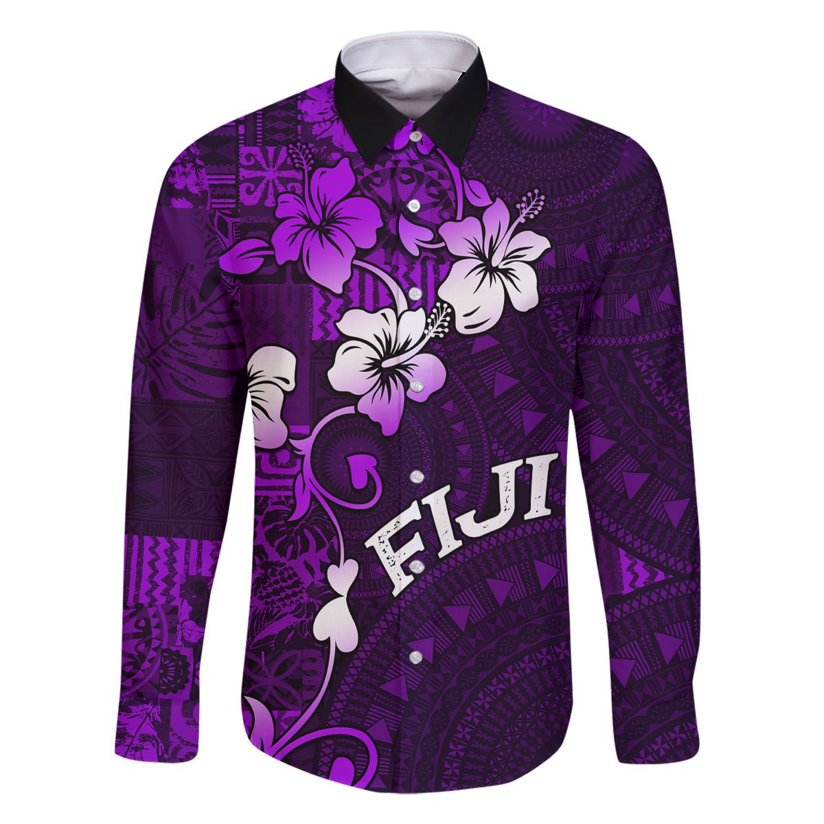 Fiji Masi Family Matching Long Sleeve Bodycon Dress and Hawaiian Shirt Fijian Hibiscus Tapa Purple Version LT01 Dad's Shirt - Long Sleeve Purple - Polynesian Pride
