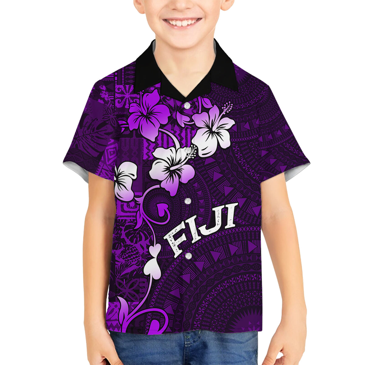 Fiji Masi Family Matching Off Shoulder Maxi Dress and Hawaiian Shirt Fijian Hibiscus Tapa Purple Version LT01 Son's Shirt Purple - Polynesian Pride