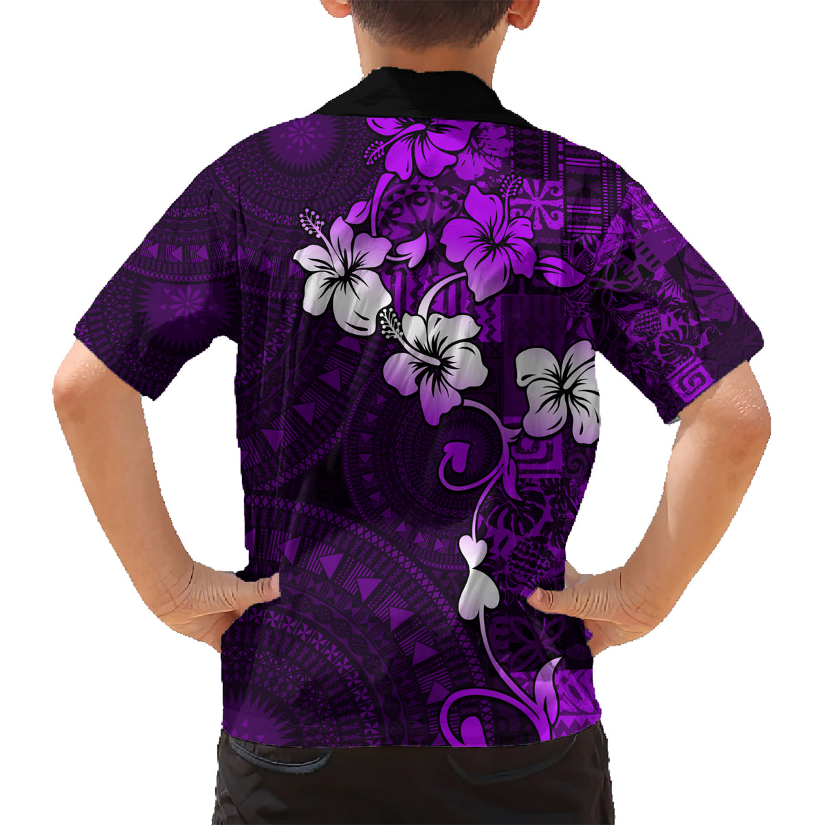 Fiji Masi Family Matching Short Sleeve Bodycon Dress and Hawaiian Shirt Fijian Hibiscus Tapa Purple Version LT01 - Polynesian Pride