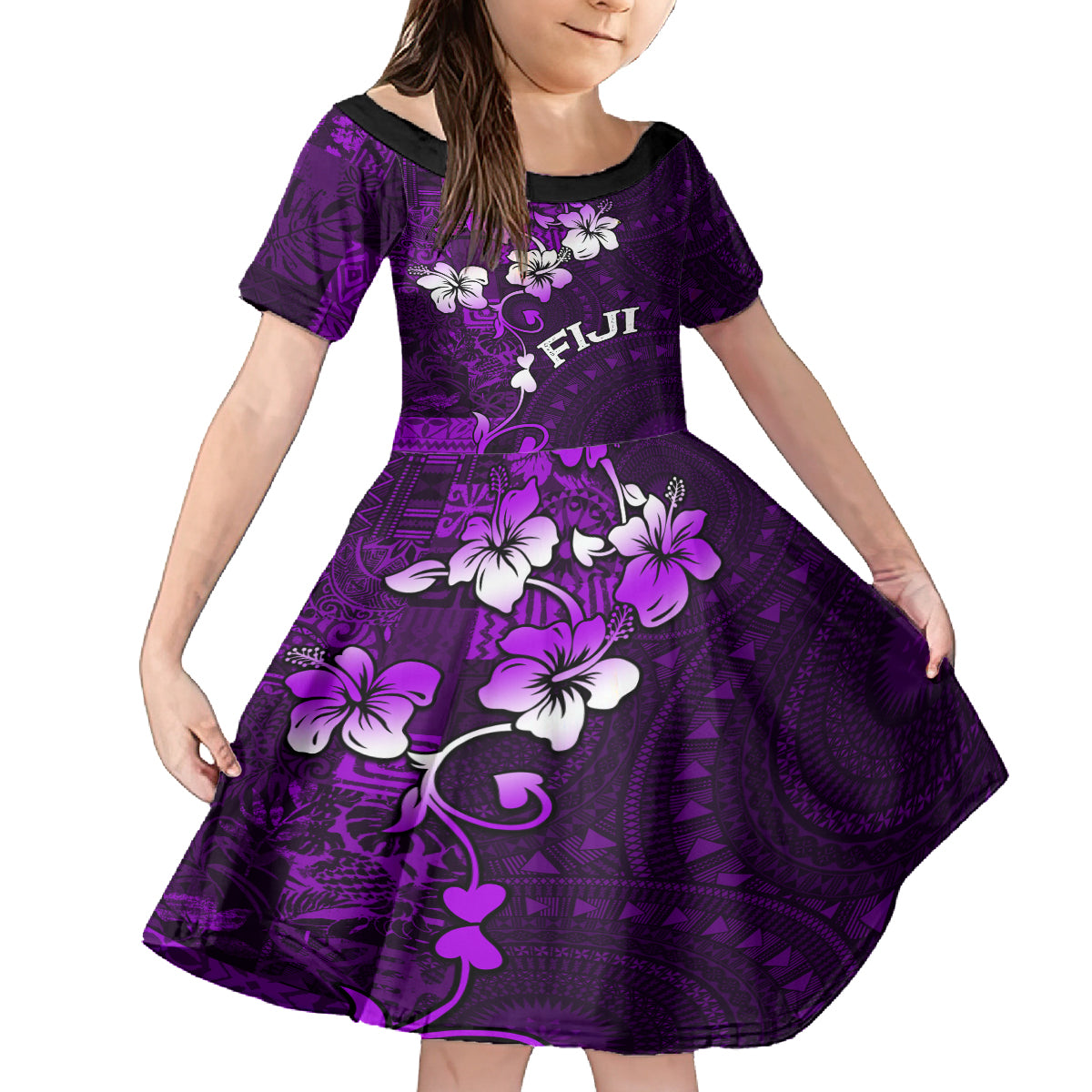 Fiji Masi Family Matching Tank Maxi Dress and Hawaiian Shirt Fijian Hibiscus Tapa Purple Version LT01 Daughter's Dress Purple - Polynesian Pride