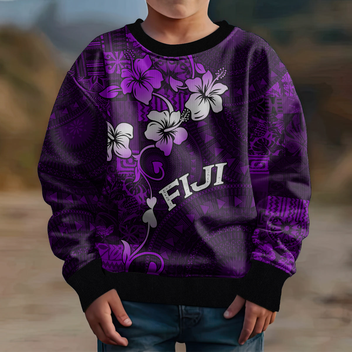 Fiji Masi Kid Ugly Christmas Sweater Fijian Hibiscus Tapa Purple Version LT01 - Polynesian Pride