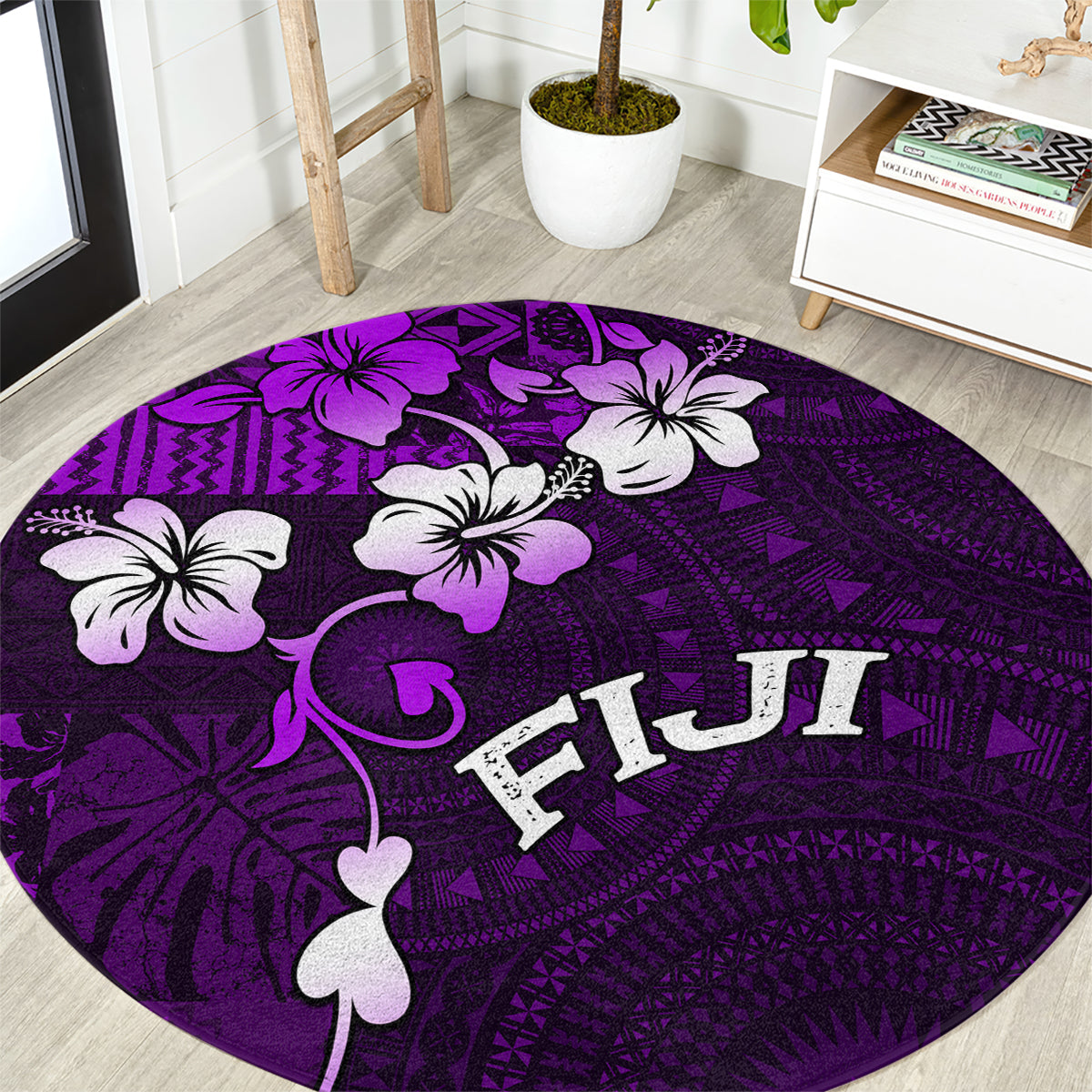 Fiji Masi Round Carpet Fijian Hibiscus Tapa Purple Version LT01 Purple - Polynesian Pride