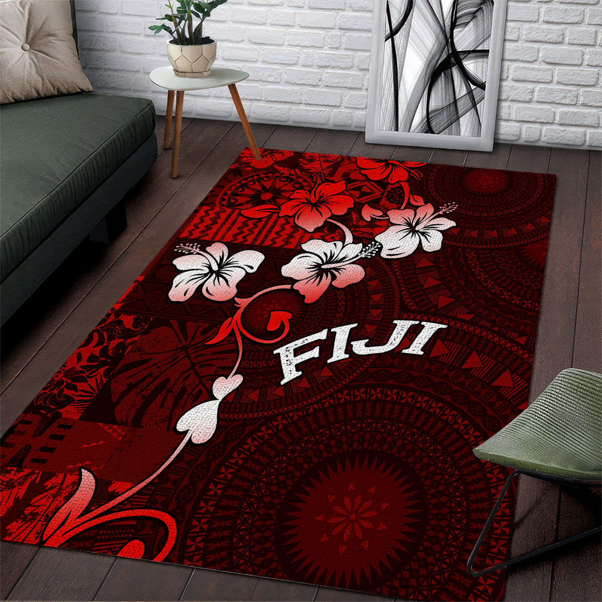 Fiji Masi Area Rug Fijian Hibiscus Tapa Red Version LT01 Red - Polynesian Pride