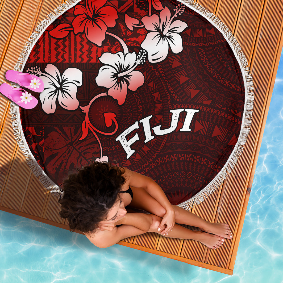 Fiji Masi Beach Blanket Fijian Hibiscus Tapa Red Version LT01 - Polynesian Pride