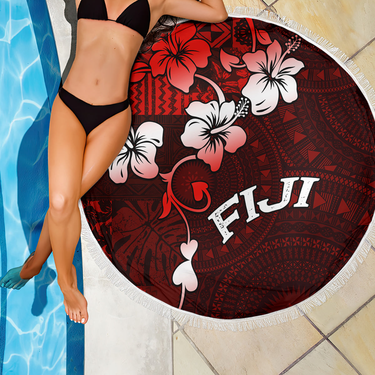 Fiji Masi Beach Blanket Fijian Hibiscus Tapa Red Version LT01 - Polynesian Pride