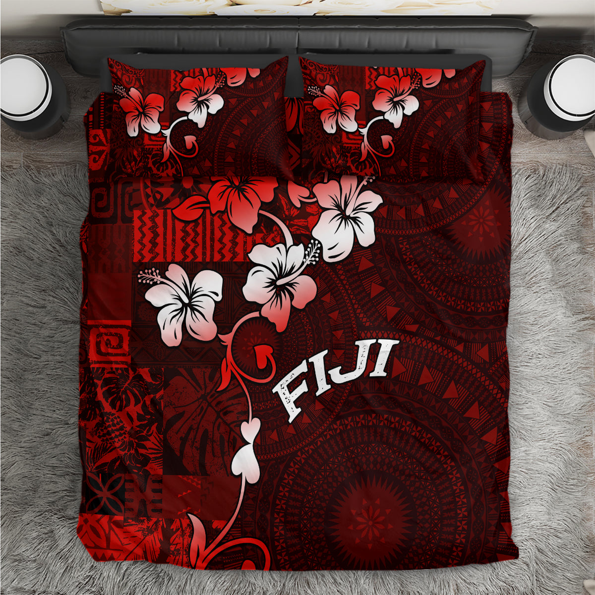 Fiji Masi Bedding Set Fijian Hibiscus Tapa Red Version LT01 Red - Polynesian Pride