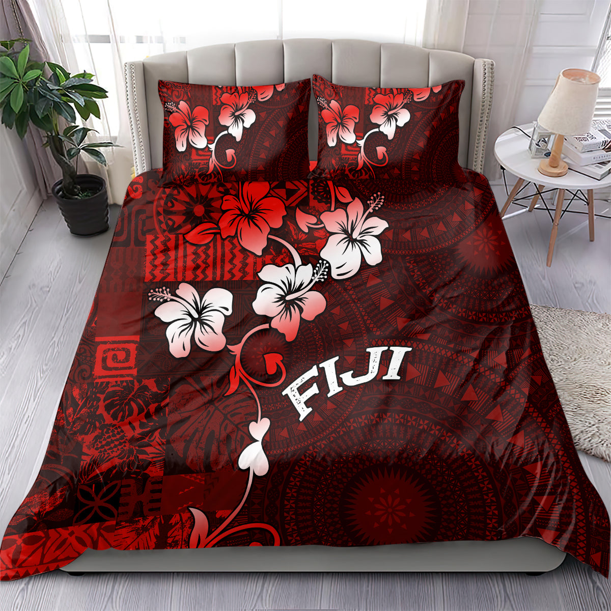 Fiji Masi Bedding Set Fijian Hibiscus Tapa Red Version LT01 - Polynesian Pride