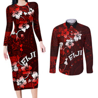Fiji Masi Couples Matching Long Sleeve Bodycon Dress and Long Sleeve Button Shirt Fijian Hibiscus Tapa Red Version LT01 Red - Polynesian Pride