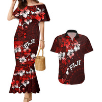 Fiji Masi Couples Matching Mermaid Dress and Hawaiian Shirt Fijian Hibiscus Tapa Red Version LT01 Red - Polynesian Pride