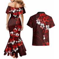 Fiji Masi Couples Matching Mermaid Dress and Hawaiian Shirt Fijian Hibiscus Tapa Red Version LT01 - Polynesian Pride