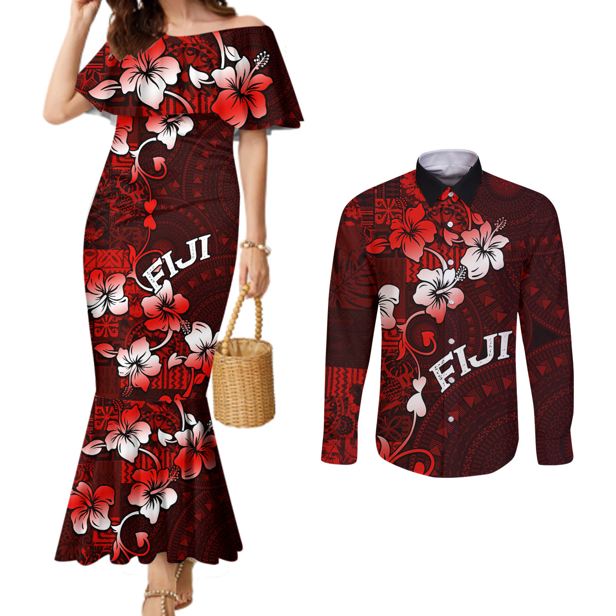 Fiji Masi Couples Matching Mermaid Dress and Long Sleeve Button Shirt Fijian Hibiscus Tapa Red Version LT01 Red - Polynesian Pride