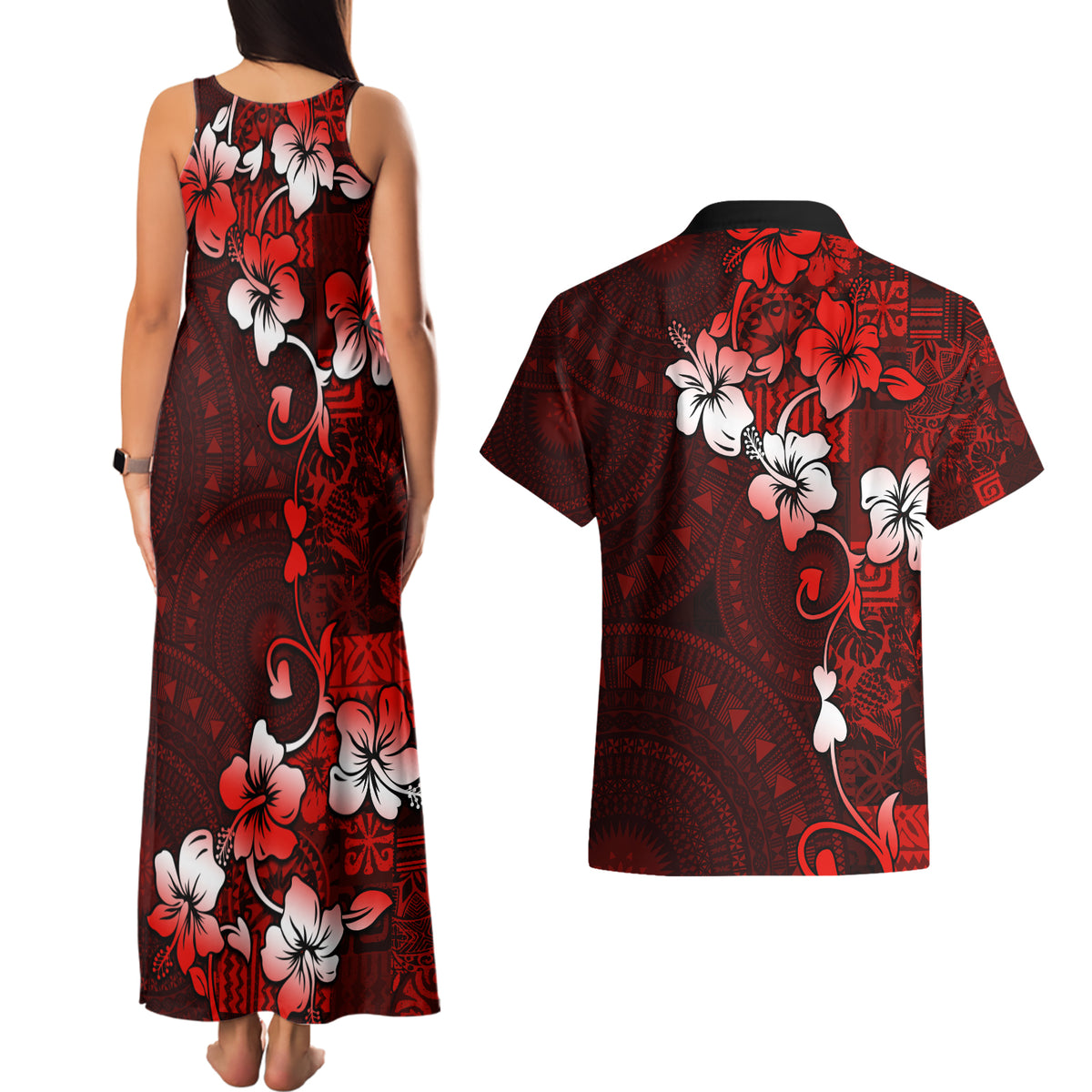 Fiji Masi Couples Matching Tank Maxi Dress and Hawaiian Shirt Fijian Hibiscus Tapa Red Version LT01 - Polynesian Pride