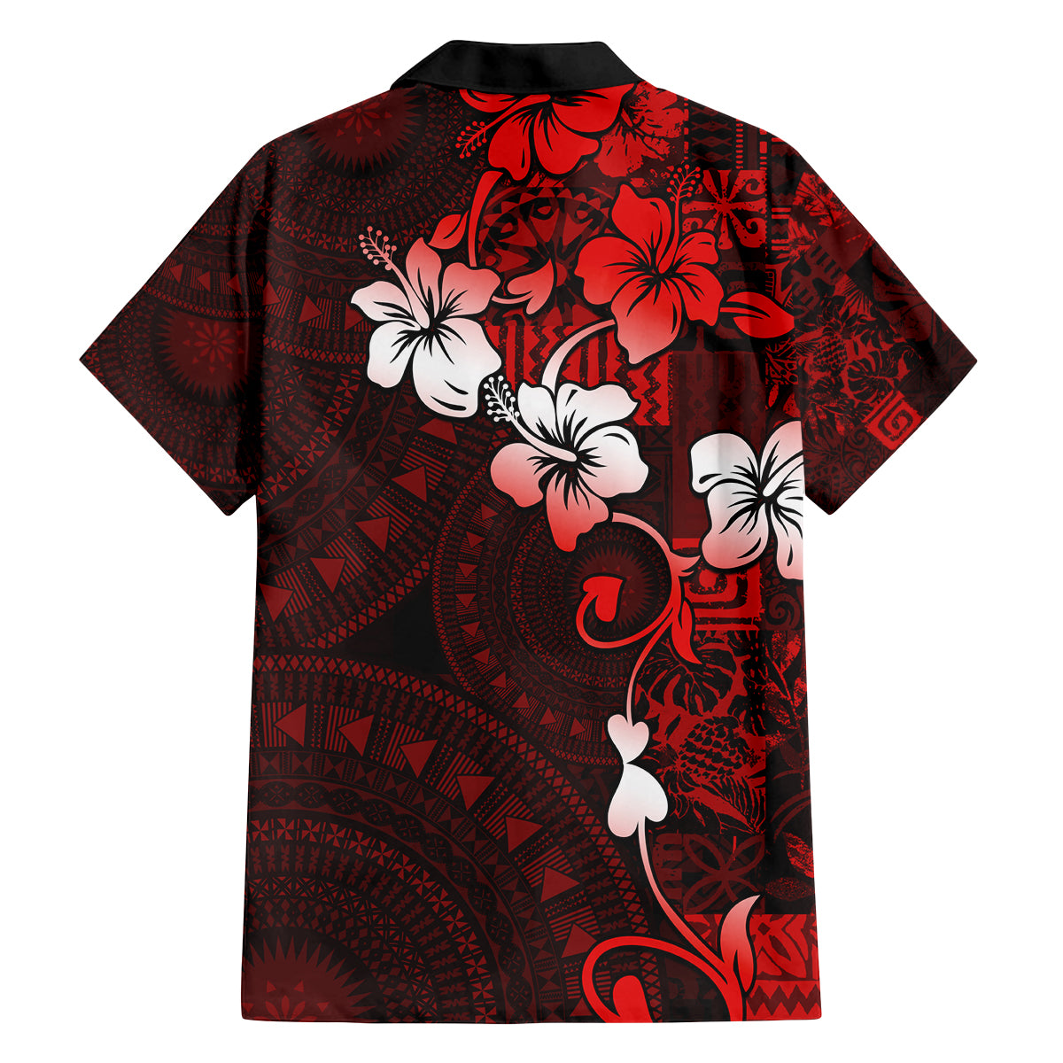 Fiji Masi Family Matching Off Shoulder Long Sleeve Dress and Hawaiian Shirt Fijian Hibiscus Tapa Red Version LT01 - Polynesian Pride