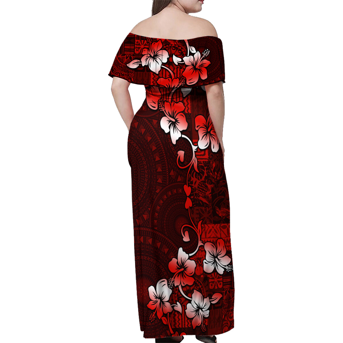 Fiji Masi Family Matching Off Shoulder Maxi Dress and Hawaiian Shirt Fijian Hibiscus Tapa Red Version LT01 - Polynesian Pride