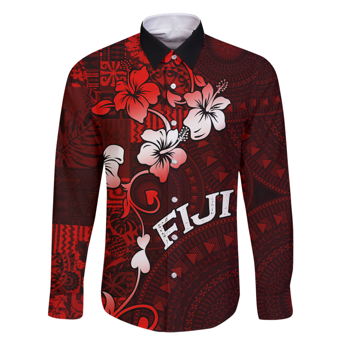 Fiji Masi Family Matching Tank Maxi Dress and Hawaiian Shirt Fijian Hibiscus Tapa Red Version LT01 Dad's Shirt - Long Sleeve Red - Polynesian Pride