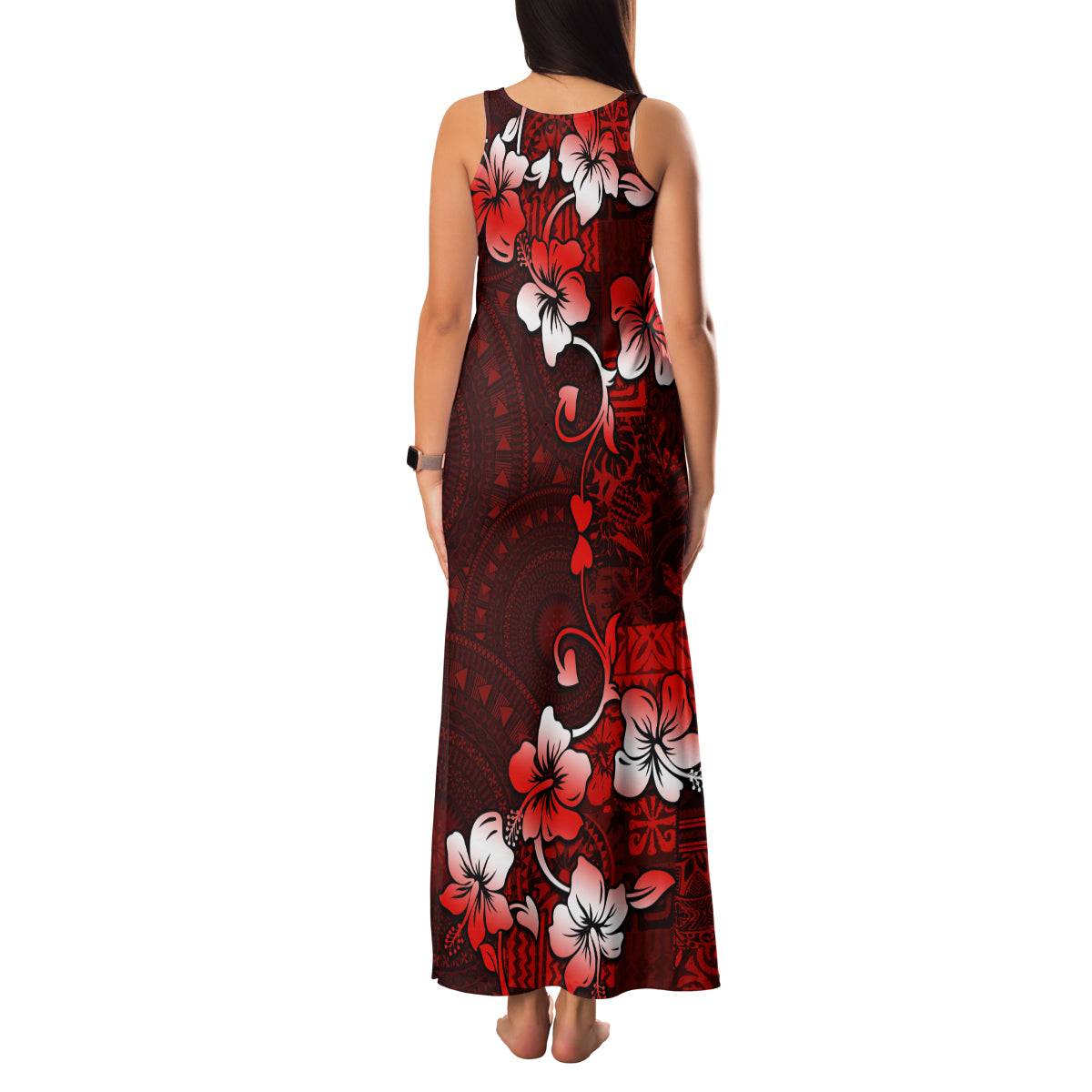 Fiji Masi Family Matching Tank Maxi Dress and Hawaiian Shirt Fijian Hibiscus Tapa Red Version LT01 - Polynesian Pride