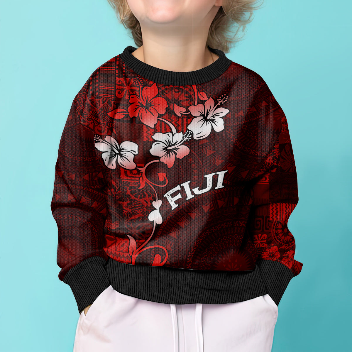 Fiji Masi Kid Ugly Christmas Sweater Fijian Hibiscus Tapa Red Version LT01 - Polynesian Pride