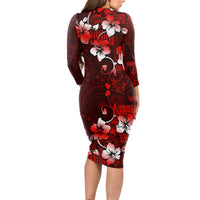 Fiji Masi Long Sleeve Bodycon Dress Fijian Hibiscus Tapa Red Version LT01 - Polynesian Pride