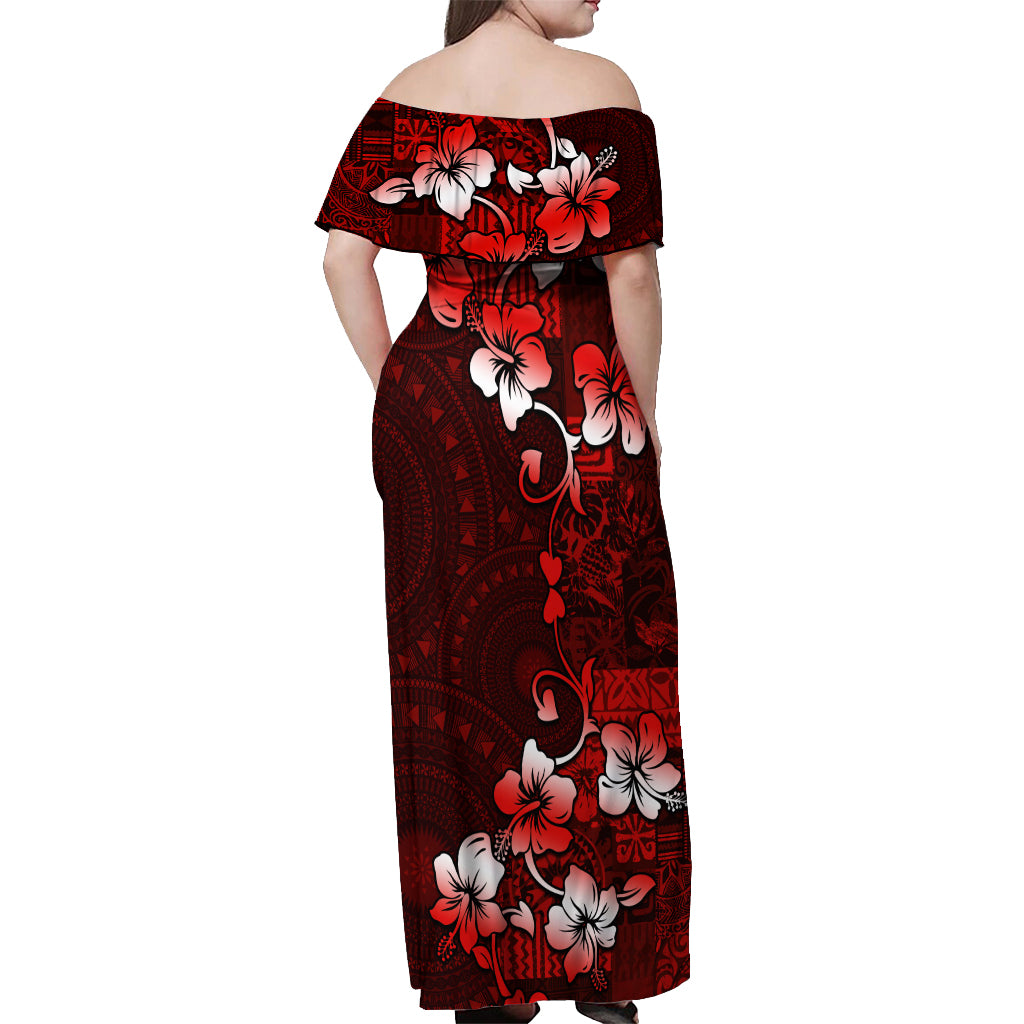 Fiji Masi Off Shoulder Maxi Dress Fijian Hibiscus Tapa Red Version LT01 - Polynesian Pride