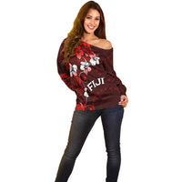 Fiji Masi Off Shoulder Sweater Fijian Hibiscus Tapa Red Version LT01 - Polynesian Pride