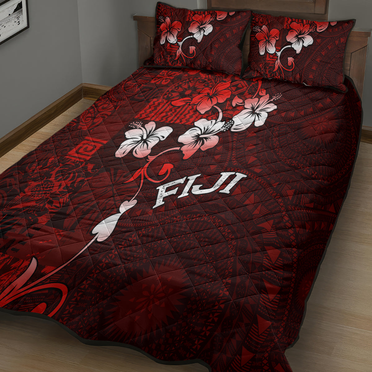 Fiji Masi Quilt Bed Set Fijian Hibiscus Tapa Red Version LT01 - Polynesian Pride