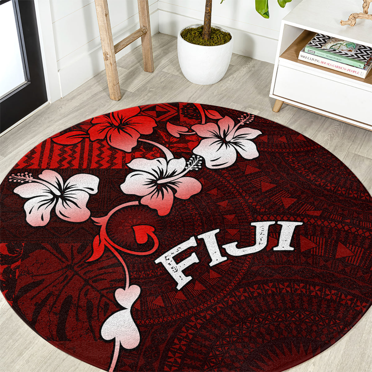 Fiji Masi Round Carpet Fijian Hibiscus Tapa Red Version LT01 Red - Polynesian Pride