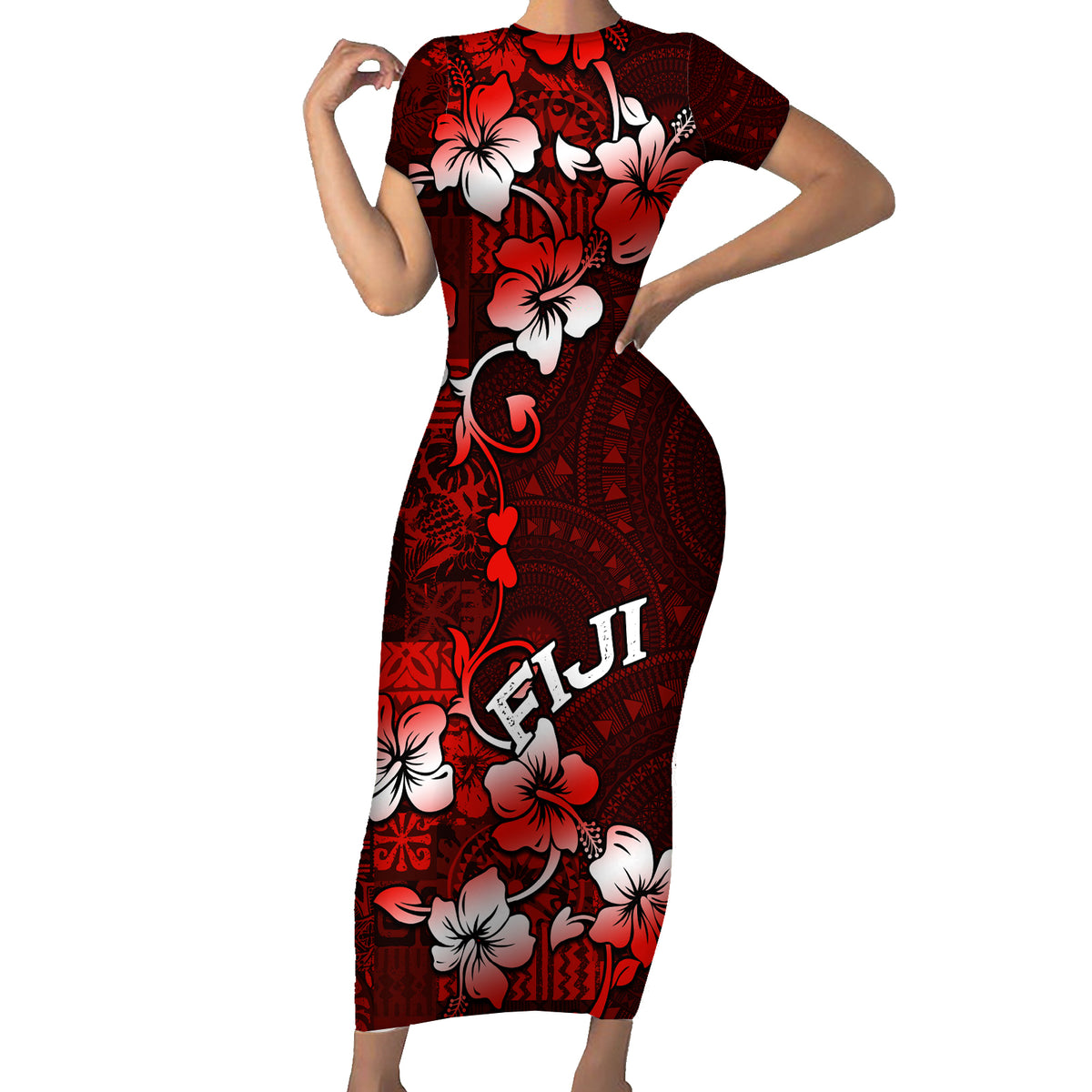 Fiji Masi Short Sleeve Bodycon Dress Fijian Hibiscus Tapa Red Version LT01 Long Dress Red - Polynesian Pride