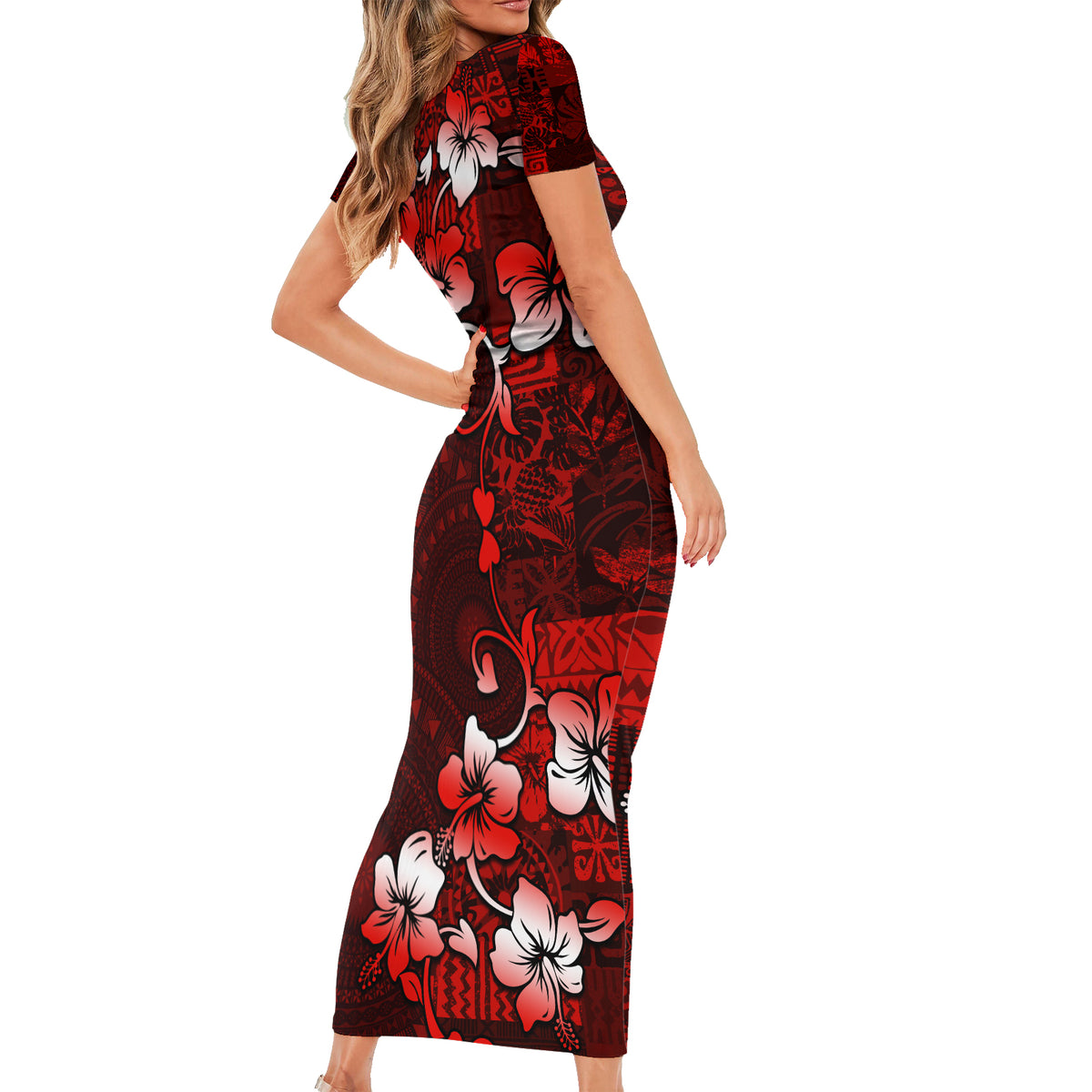 Fiji Masi Short Sleeve Bodycon Dress Fijian Hibiscus Tapa Red Version LT01 - Polynesian Pride