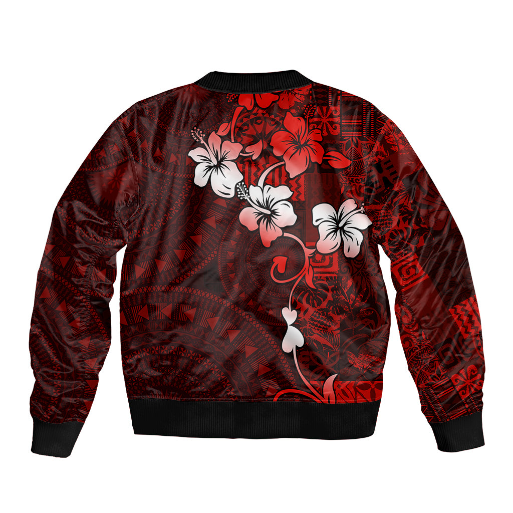 Fiji Masi Sleeve Zip Bomber Jacket Fijian Hibiscus Tapa Red Version LT01 - Polynesian Pride