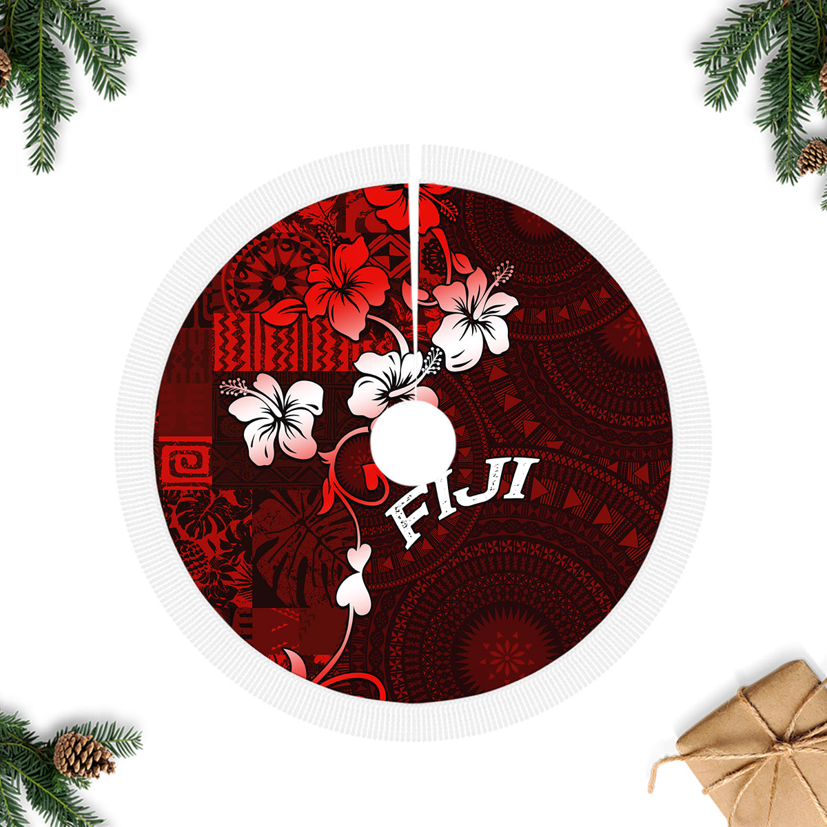 Fiji Masi Tree Skirt Fijian Hibiscus Tapa Red Version LT01 Fringed Tree Skirts Red - Polynesian Pride