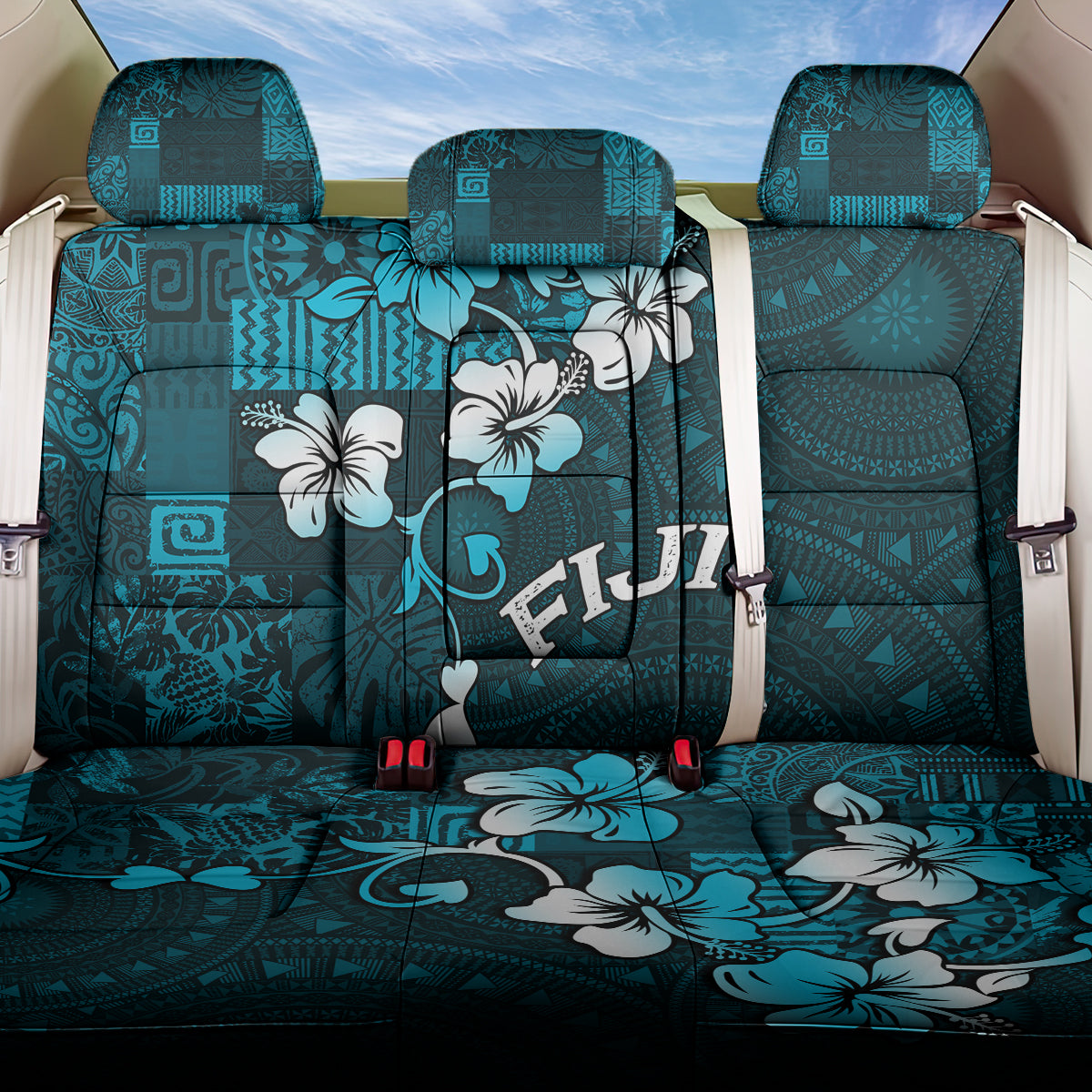Fiji Masi Back Car Seat Cover Fijian Hibiscus Tapa Sky Blue Version LT01 One Size Blue - Polynesian Pride