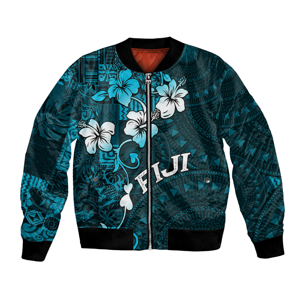 Fiji Masi Bomber Jacket Fijian Hibiscus Tapa Sky Blue Version LT01 Unisex Blue - Polynesian Pride