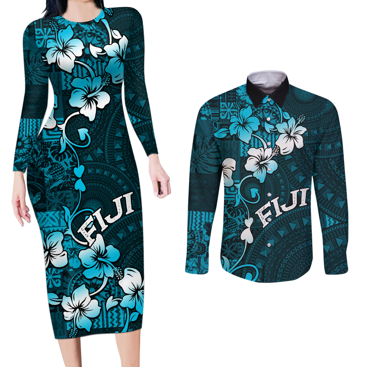Fiji Masi Couples Matching Long Sleeve Bodycon Dress and Long Sleeve Button Shirt Fijian Hibiscus Tapa Sky Blue Version LT01 Blue - Polynesian Pride