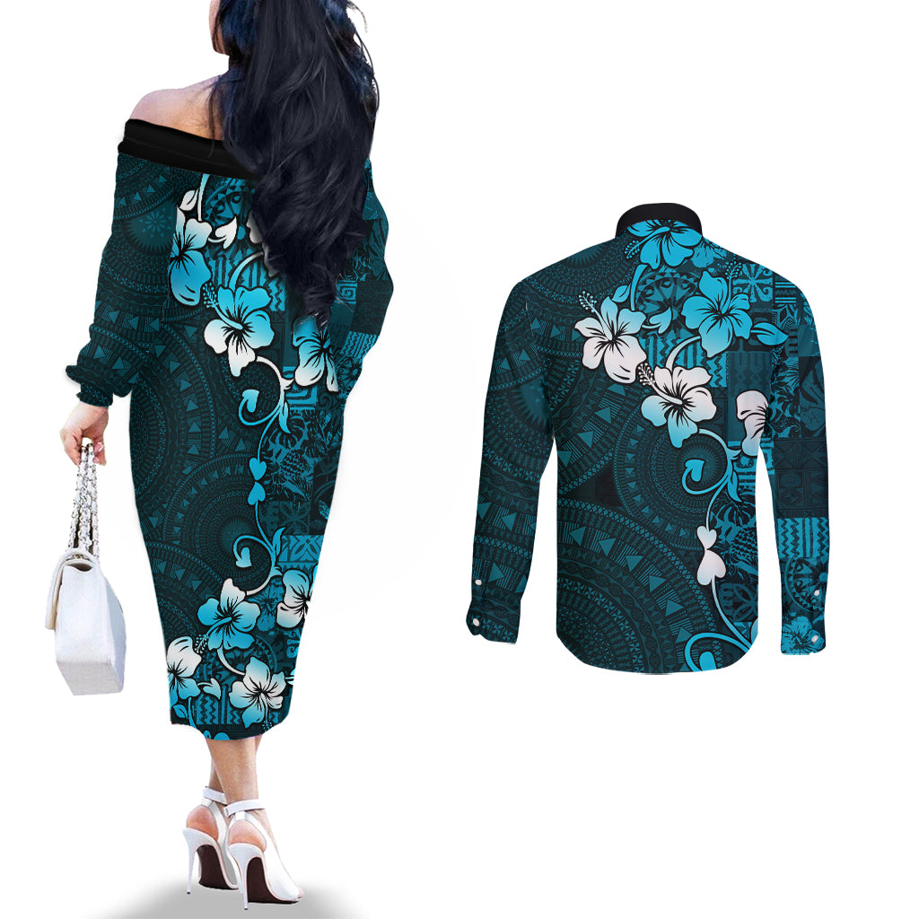 Fiji Masi Couples Matching Off The Shoulder Long Sleeve Dress and Long Sleeve Button Shirt Fijian Hibiscus Tapa Sky Blue Version LT01 - Polynesian Pride