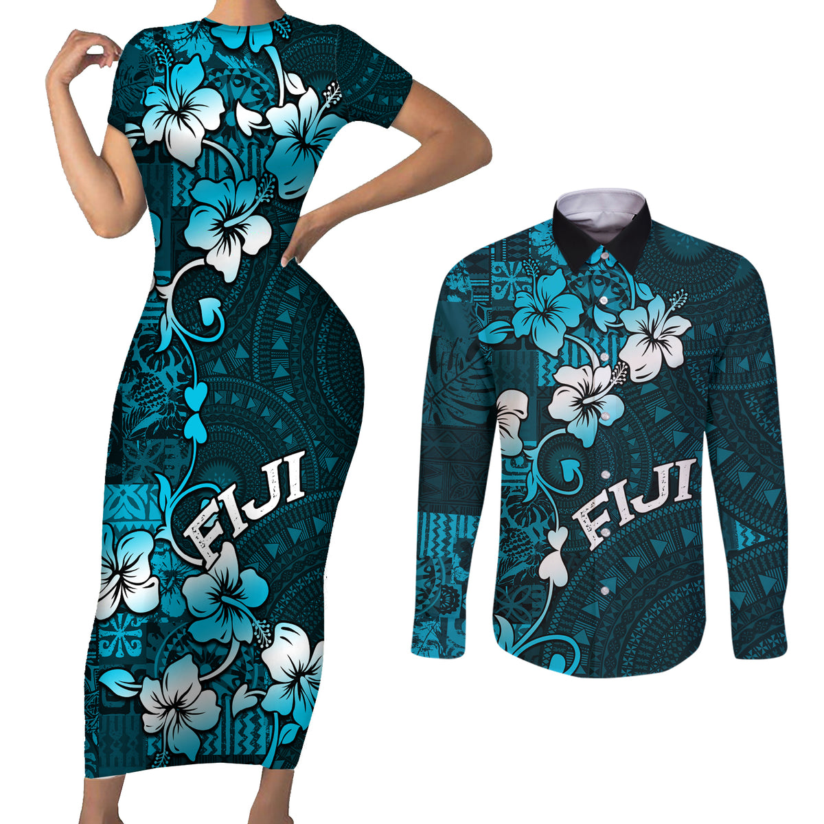Fiji Masi Couples Matching Short Sleeve Bodycon Dress and Long Sleeve Button Shirt Fijian Hibiscus Tapa Sky Blue Version LT01 Blue - Polynesian Pride