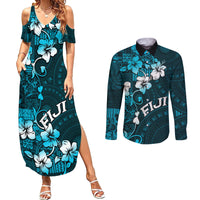 Fiji Masi Couples Matching Summer Maxi Dress and Long Sleeve Button Shirt Fijian Hibiscus Tapa Sky Blue Version LT01 Blue - Polynesian Pride
