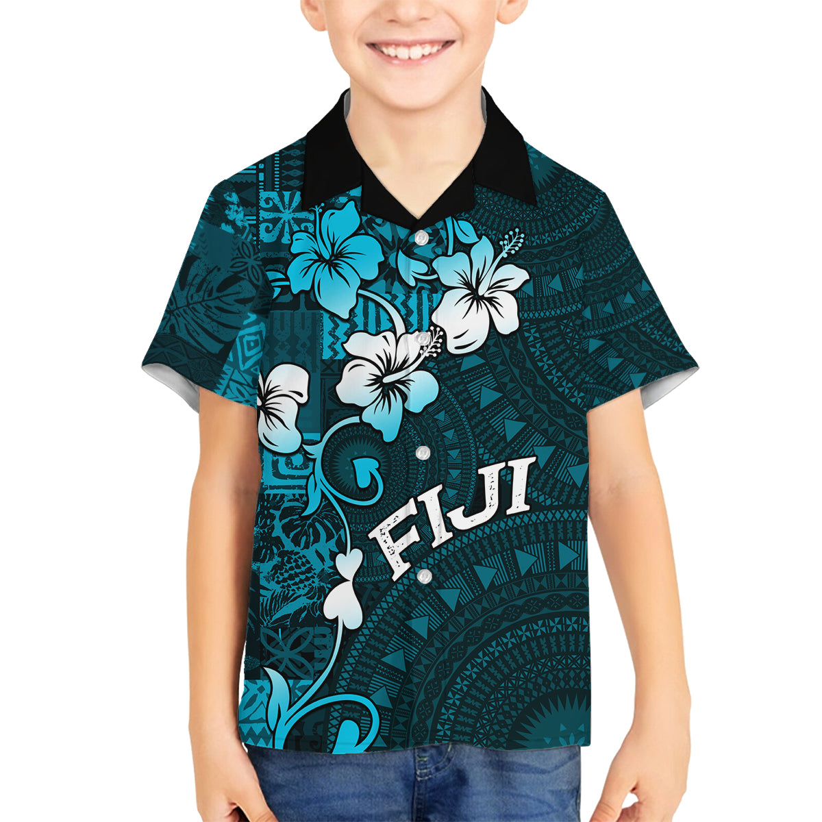 Fiji Masi Family Matching Puletasi Dress and Hawaiian Shirt Fijian Hibiscus Tapa Sky Blue Version LT01 Son's Shirt Blue - Polynesian Pride
