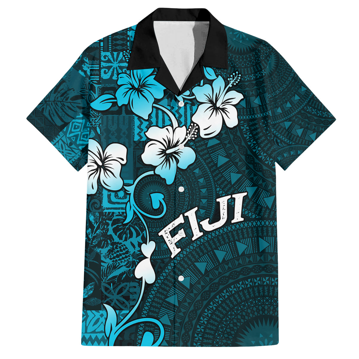 Fiji Masi Family Matching Tank Maxi Dress and Hawaiian Shirt Fijian Hibiscus Tapa Sky Blue Version LT01 Dad's Shirt - Short Sleeve Blue - Polynesian Pride