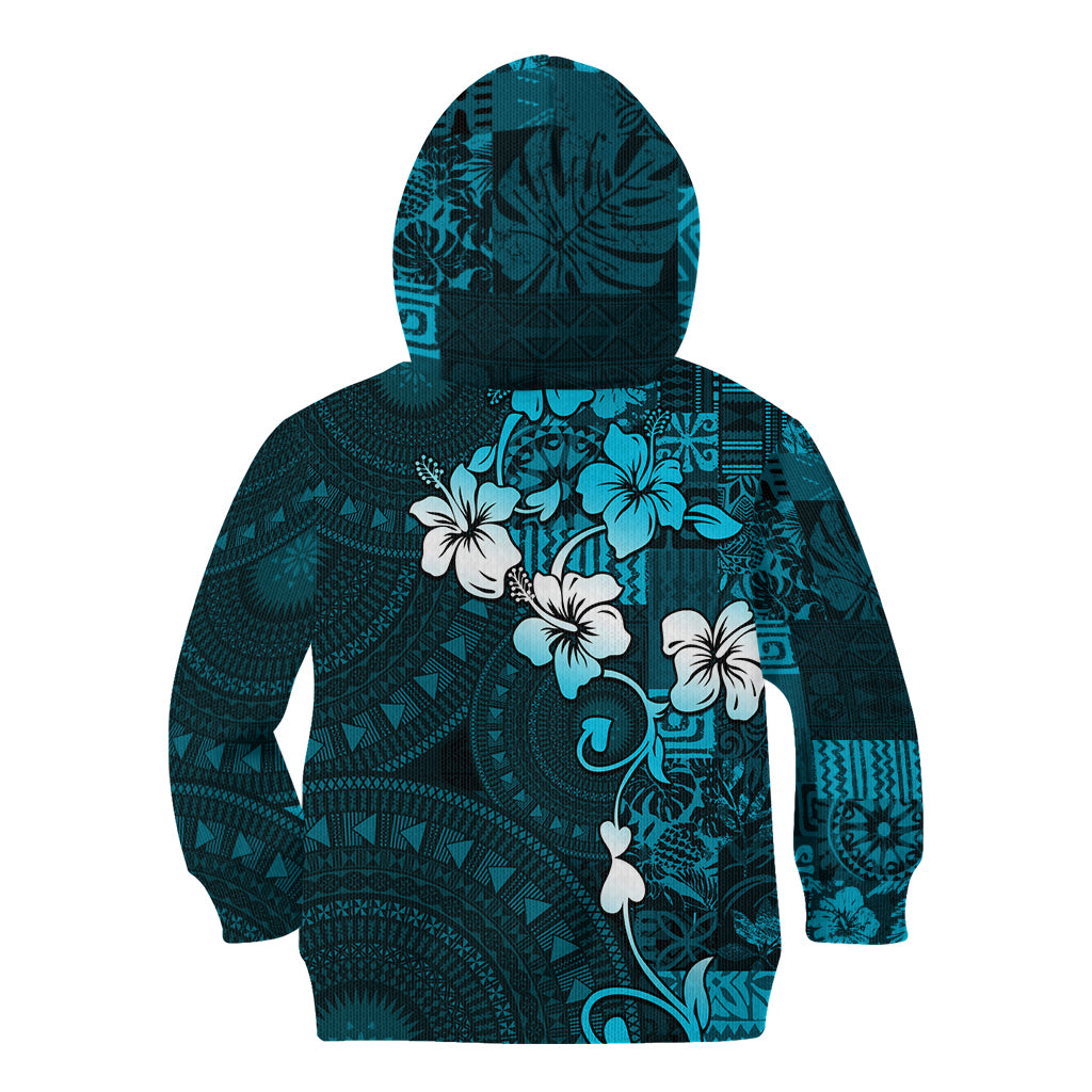 Fiji Masi Kid Hoodie Fijian Hibiscus Tapa Sky Blue Version LT01 - Polynesian Pride