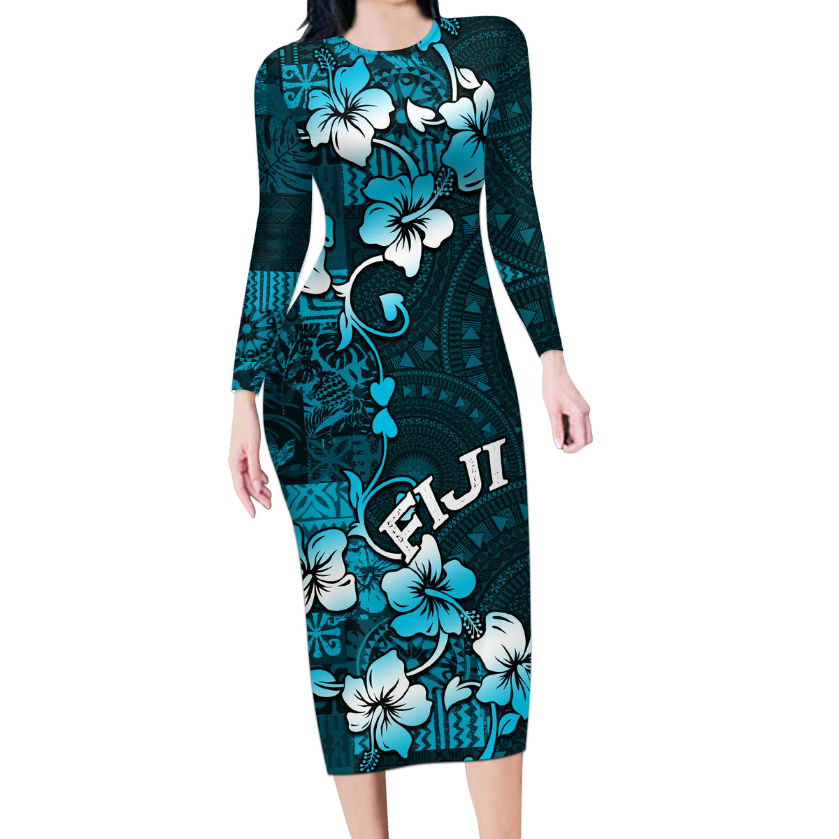 Fiji Masi Long Sleeve Bodycon Dress Fijian Hibiscus Tapa Sky Blue Version LT01 Long Dress Blue - Polynesian Pride