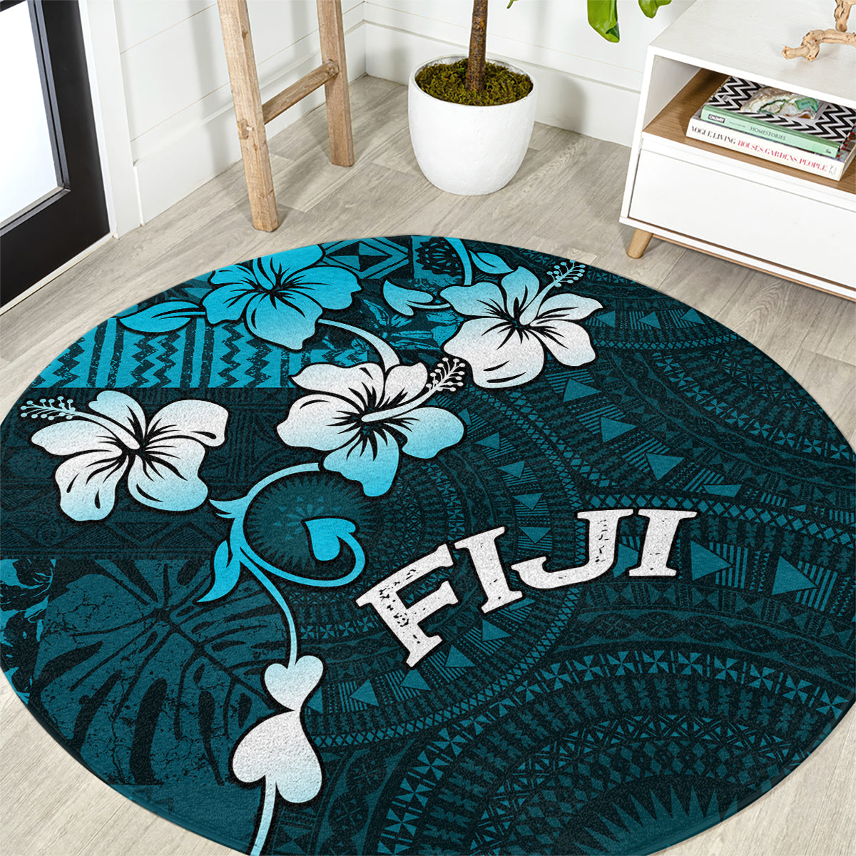 Fiji Masi Round Carpet Fijian Hibiscus Tapa Sky Blue Version LT01 Blue - Polynesian Pride