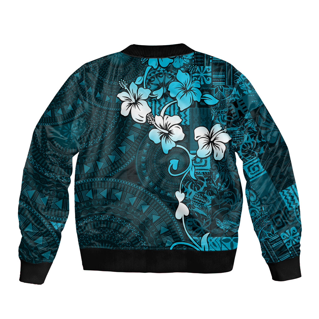 Fiji Masi Sleeve Zip Bomber Jacket Fijian Hibiscus Tapa Sky Blue Version LT01 - Polynesian Pride