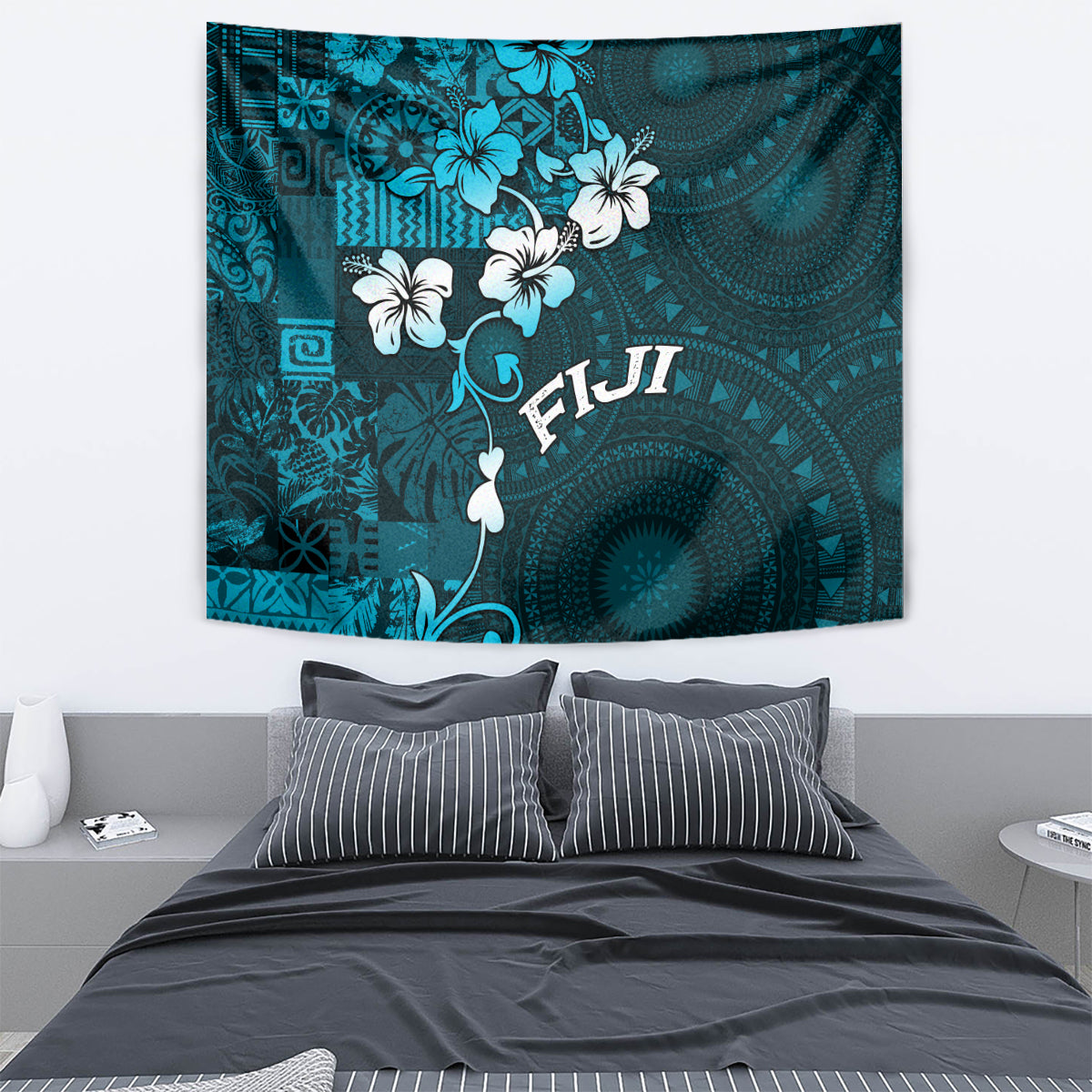 Fiji Masi Tapestry Fijian Hibiscus Tapa Sky Blue Version LT01 - Polynesian Pride