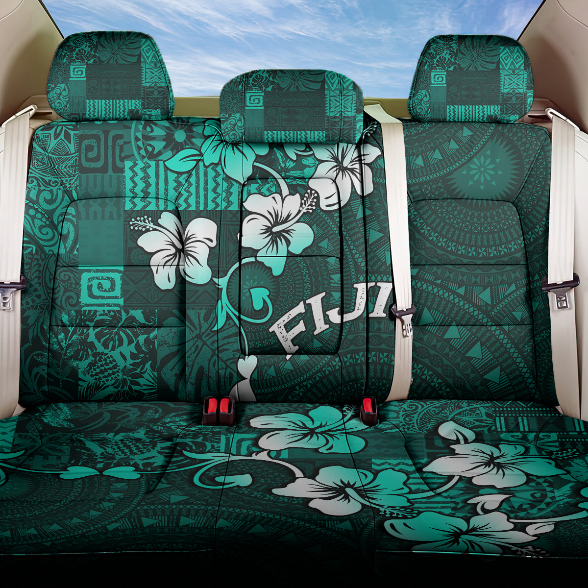Fiji Masi Back Car Seat Cover Fijian Hibiscus Tapa Turquoise Version LT01 One Size Turquoise - Polynesian Pride