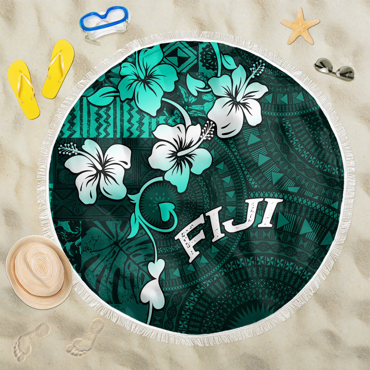 Fiji Masi Beach Blanket Fijian Hibiscus Tapa Turquoise Version LT01 One Size 150cm Turquoise - Polynesian Pride